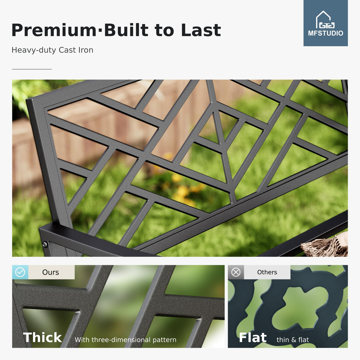 MFSTUDIO 43.7 Inches Outdoor Garden Bench, Cast Iron Metal Frame Patio Park Outside Benches with Geometric Pattern Backrest for Front Porch, Black MFSTUDIO