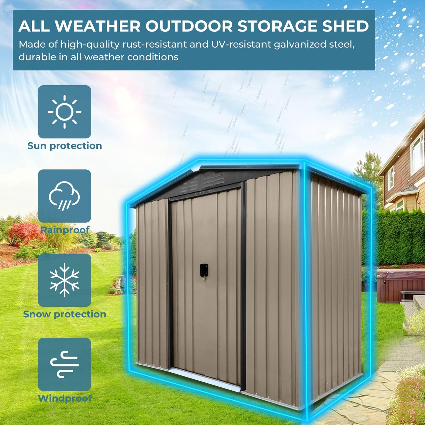 Zevemomo 6 x 4 ft Outdoor Storage Shed, All Weather Metal Sheds with Metal Foundation & Lockable Sliding Doors, Tool Sheds for Garden, Patio, Backyard, Lawn, Brown