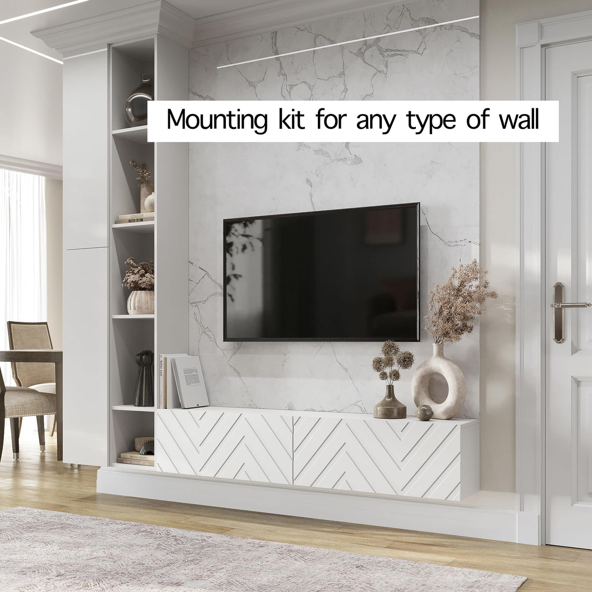 Living Skog Floating TV Stand Wall Mounted for Living Room and Bedroom, Media, Entertainment Center with Storage and Drawers Fits TV 50 55 60 65 inch Cabinet (Alessio White, 59 in) Living Skog