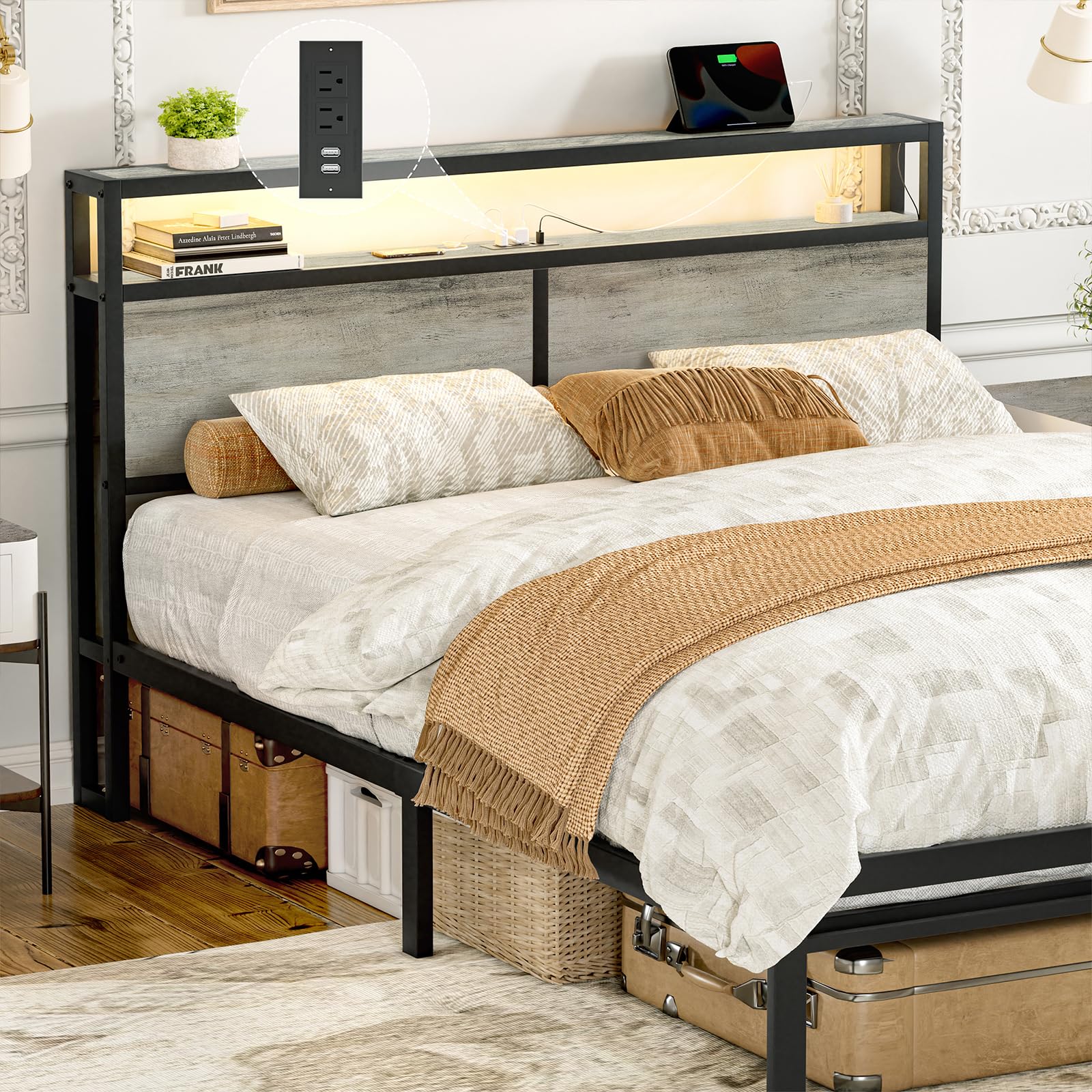 HAUSOURCE King Bed Frame with LED Storage Headboard & Metal Platform Support - WoodArtSupply