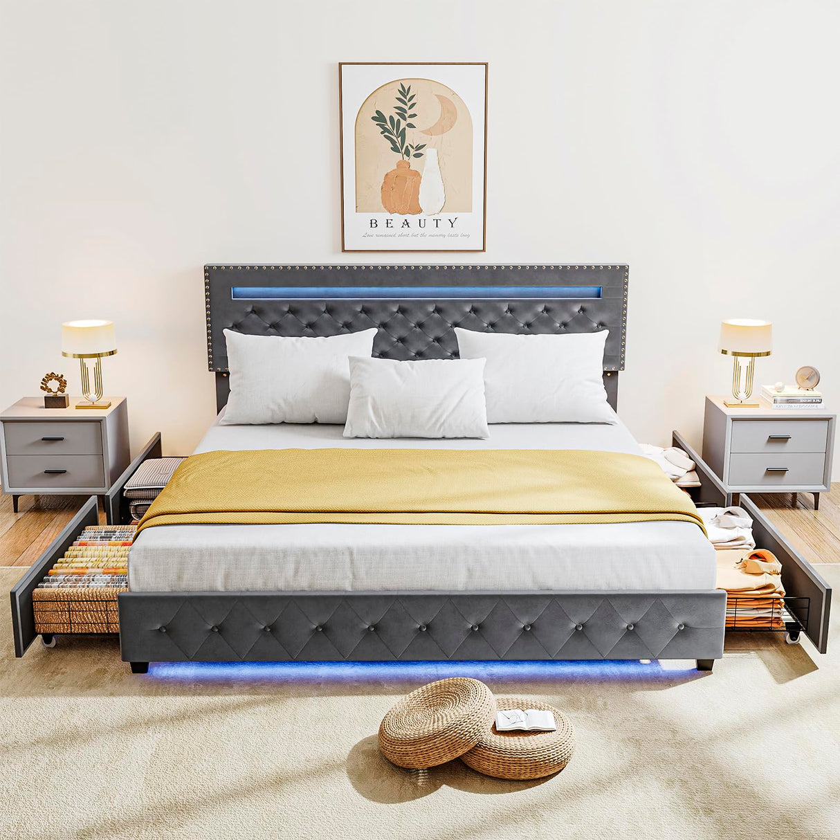 BedsPick Queen Size Bed Frame with LED Lights, Velvet Upholstered Platform Queen Bed Frame with 4 Storage Drawers and Adjustable Headboard, No Box Spring Needed Queen Bedframe, Noise Free, Light Grey BedsPick