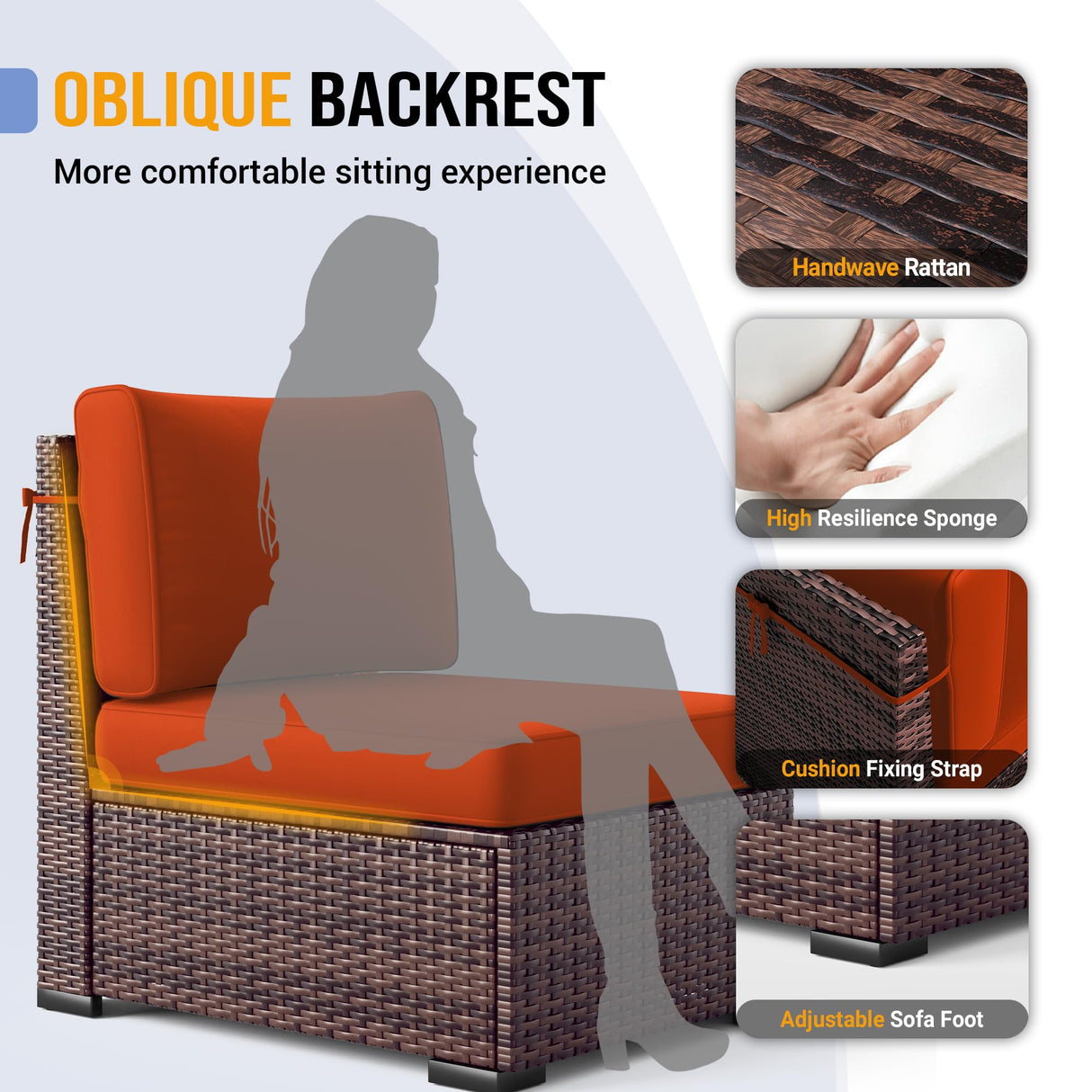 Poteban Outdoor Patio Furniture Set with 44" Fire Pit Table 8 Pieces Rattan Patio Sectional Sofa Conversation Set w/55000 BTU Propane Gas Fire Pit, Coffee Table, 2 Waterproof Covers, Orange Poteban