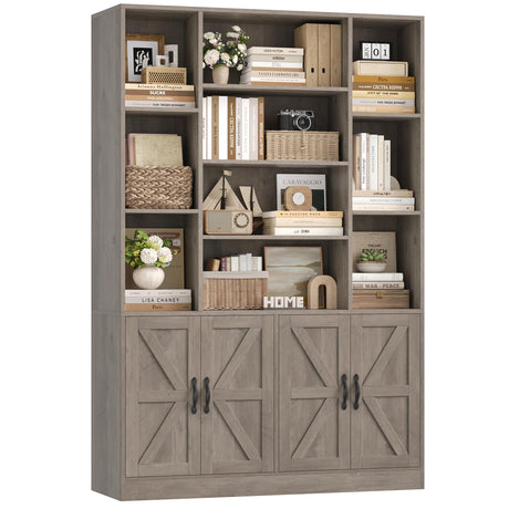 HOSTACK 75” Tall Book Shelf and Bookcase, Bookshelf with Storage Cabinet, 47” Wide Bookcase with 4 Doors, Standing Display Shelves, Modern Farmhouse Book Case for Living Room, Home Office, Ash Grey HOSTACK