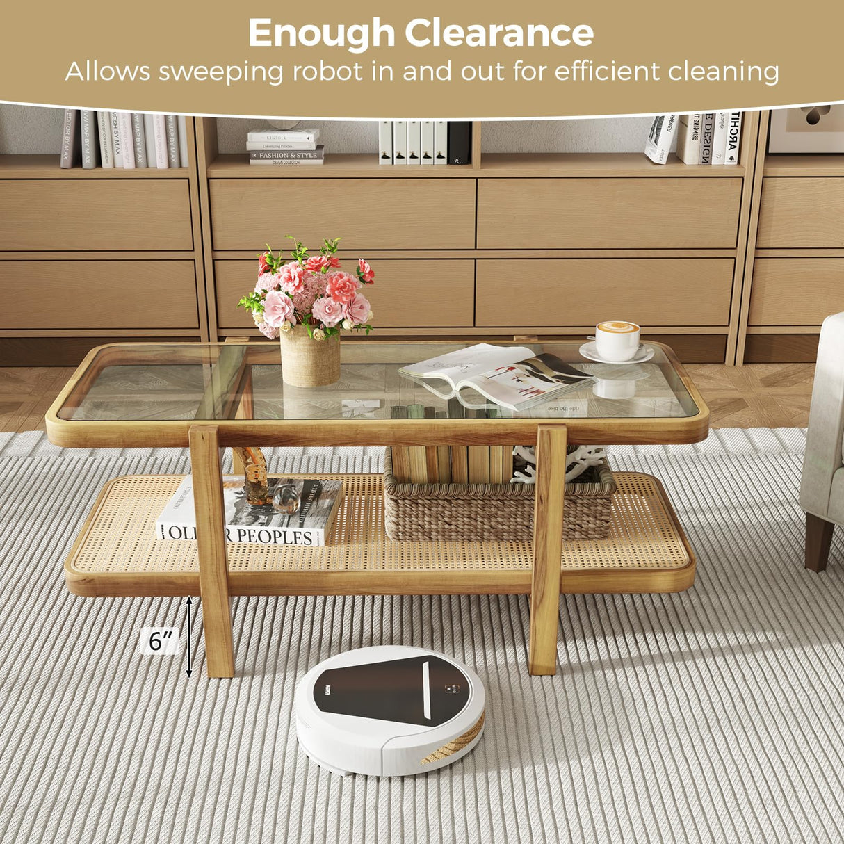 Giantex Rattan Coffee Table, 47.5" Rectangle Solid Wood Tea Table w/Tempered Glass Tabletop, Rattan Storage Shelf, 2-Tier Boho Coffee Tables, Farmhouse Center Table for Living Room (Oak) Giantex