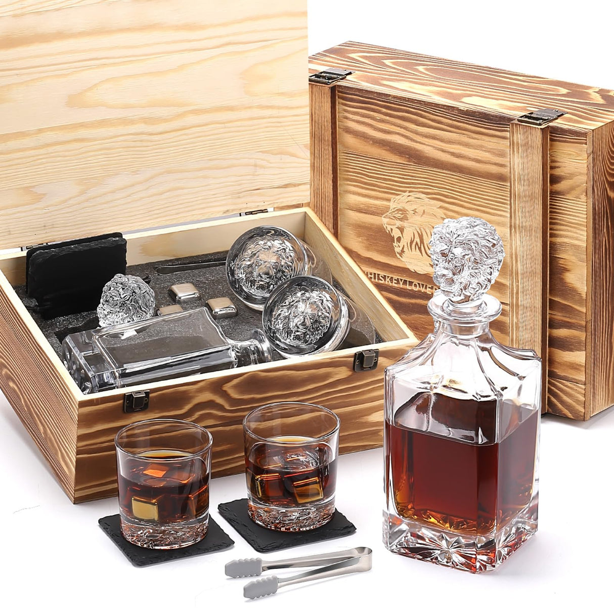 LUSKEYCOR Whiskey Decanter Set with Wooden Crate, Lion Whiskey Decanter 25.4 oz and 2 Glasses 10 oz with 304 Stainless Steel Whiskey Stones, Slate Coasters, Tongs, Gift for Men husband Dad Wedding Luskeycor