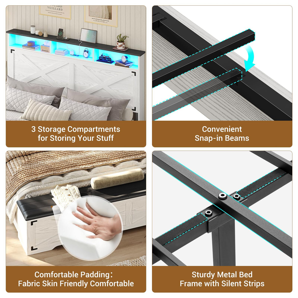 Hasuit Queen Size Bed Frame with Storage Ottoman, Farmhouse Bed Frame with Charging Station and Led Light, Headboard with Storage Rack, Metal Slats, No Noise Design, No Box Spring Needed,Walnut White Hasuit