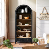 RowyPoey Farmhouse Arched Cabinet with Glass Doors, Wood Display Cabinet with Drawer and Adjustable Shelves, 71” Tall Bookshelf Modern China Storage Kitchen Pantry for Living Room,Office (Black) RowyPoey