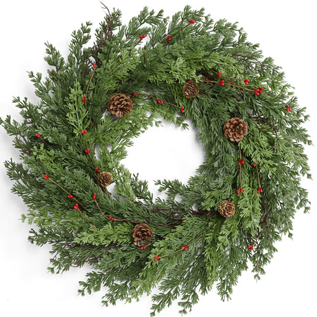 Waipfaru 24 Inch Christmas Wreaths for Front Door, Real Touch Cedar Wreath, Artificial Green Pine Reef for Front Door Windows Indoor Outdoor Holiday Xmas Decoration Waipfaru