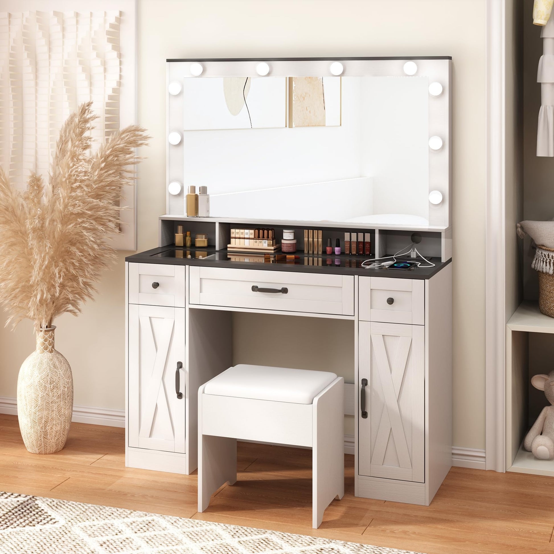 Fameill Makeup Vanity Desk with Lights and Mirror, Vanity Table Set with Stool, Charging Station, Glass Top, Large Mirror with 3 Lighting Modes, 3 Drawers & 2 Cabinets, White - WoodArtSupply