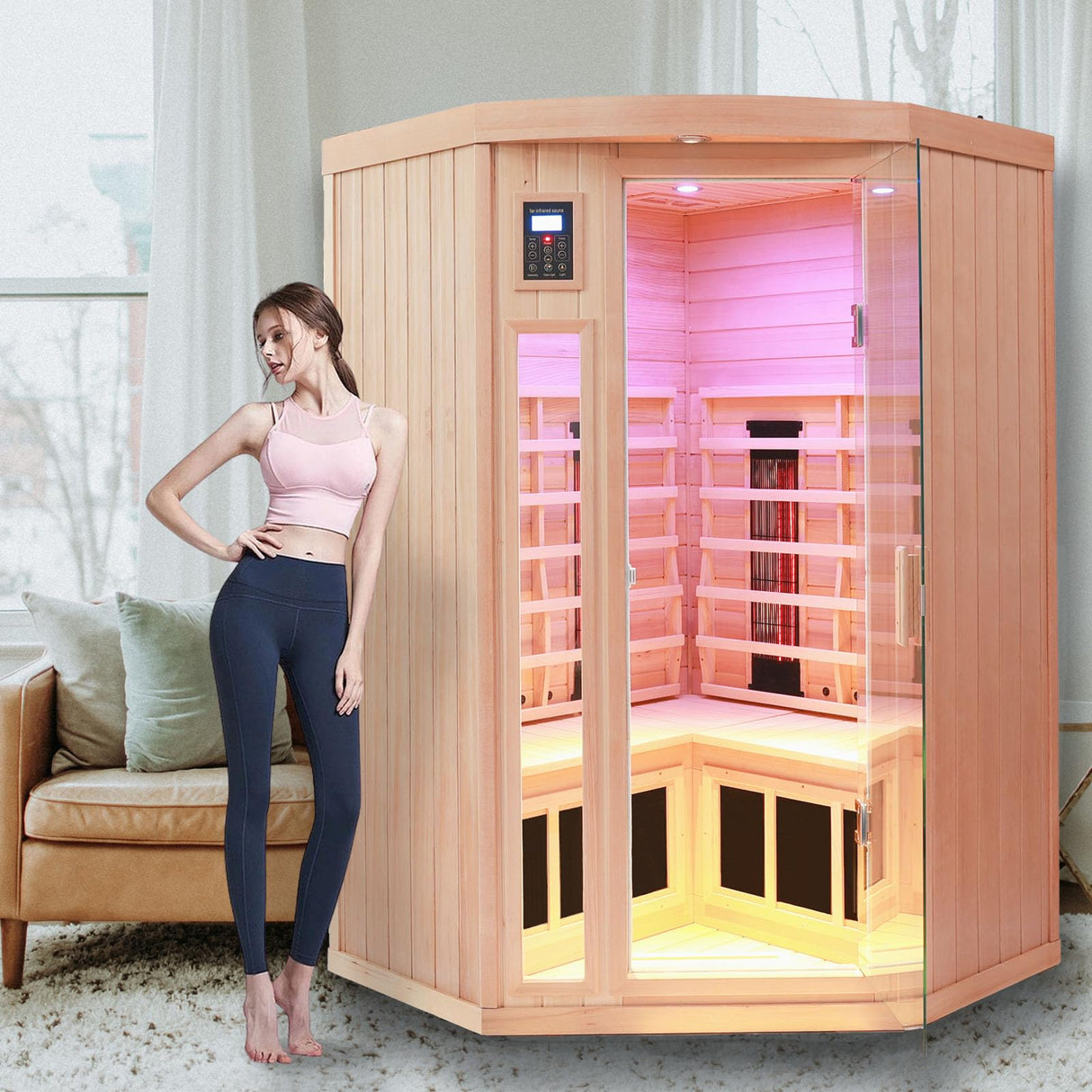 KUNSANA Ceramic Infrared Sauna 2-3 Person Far Infrared Saunas for Home Low EMF Indoor Home Sauna Hemlock Wooden Corner Sauna Room w/Bluetooth Speaker, LED Reading Lamp, Chromotherapy Light KUNSANA