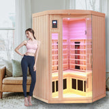 KUNSANA Ceramic Infrared Sauna 2-3 Person Far Infrared Saunas for Home Low EMF Indoor Home Sauna Hemlock Wooden Corner Sauna Room w/Bluetooth Speaker, LED Reading Lamp, Chromotherapy Light KUNSANA