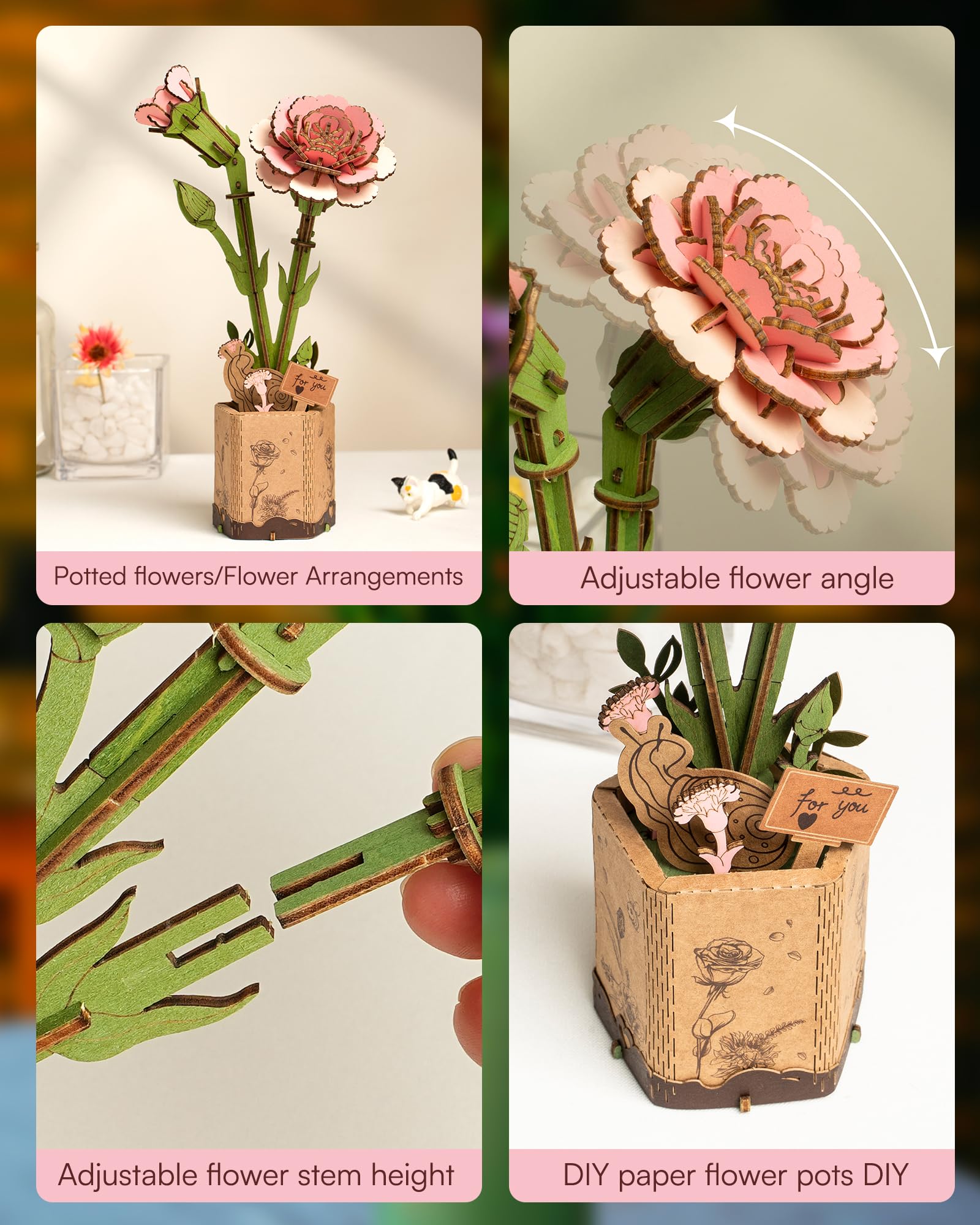 ROBOTIME 3D Puzzle Wooden Flower Pink Carnation DIY Model Kit to Build for Adults Artifical Bouquet Collection Craft Brain Teaser Puzzle Creative Gift Home Decor - WoodArtSupply