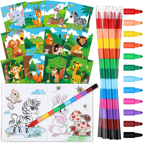 30 Pcs Jungle Animals Coloring Book and Crayon Set for Kids Party Favor, Include 24 Coloring Books and 6 Building Block Crayons Fun Jungle Zoo Animals Book Birthday Party Favor Bag Fillers Supplies Tinlade