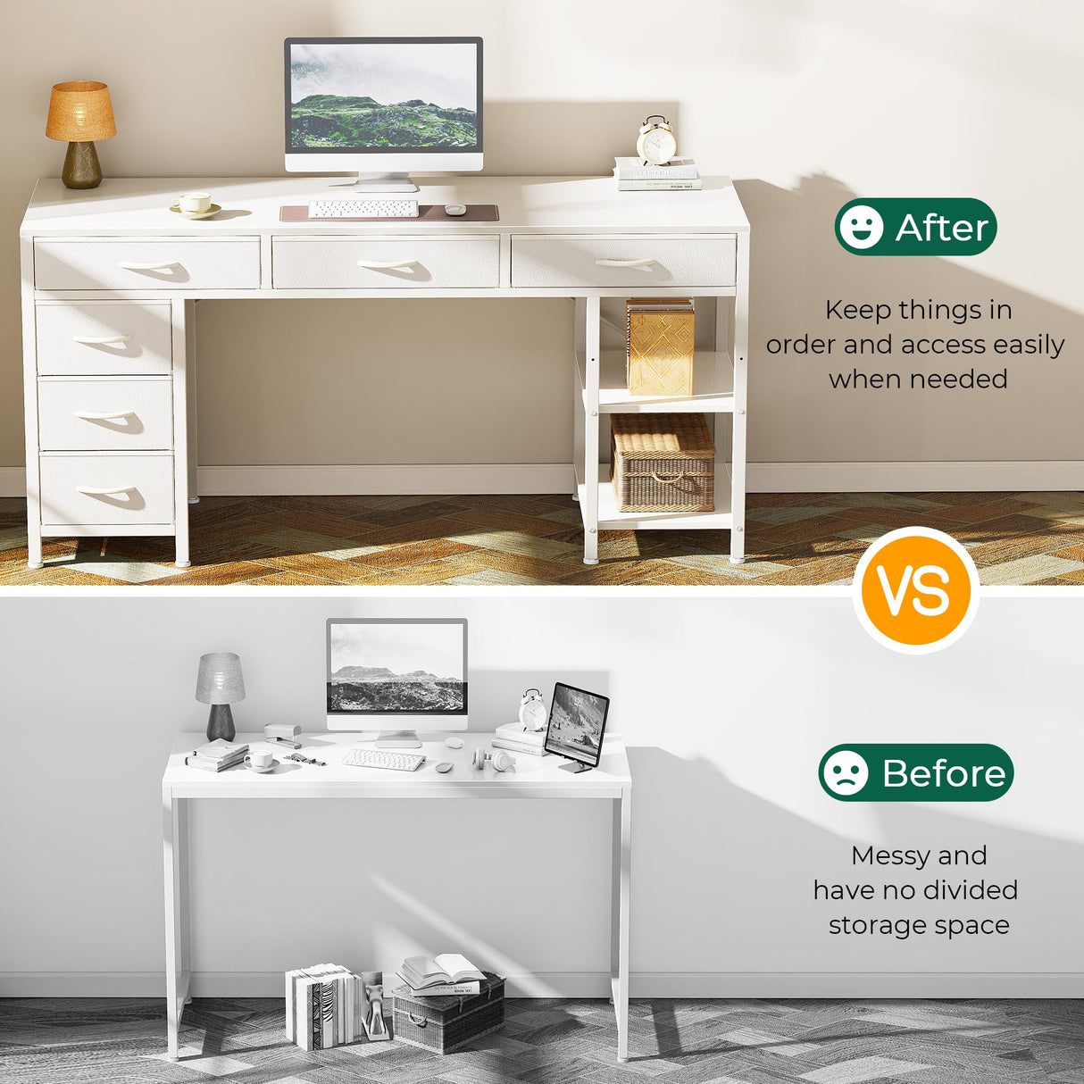 Huuger Computer Desk with 6 Drawers, 54 Inch Office Desk with Shelves, Reversible Gaming Desk, Corner Desk with Storage, Work Desk for Home Office, Study, Living Room, White Huuger