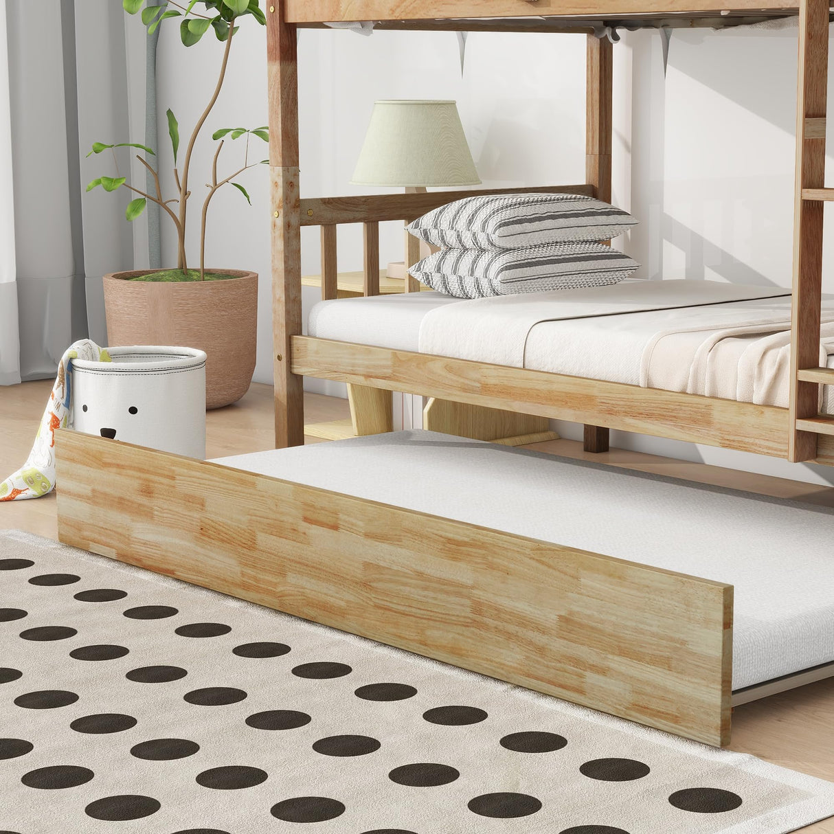 Merax Twin-Over-Twin Bunk Bed with Movable Trundle, Solid Wood Detachable Bunk Bed with Safety Guardrial and Ladder, Can be Converted Into 3 Separate Beds(Natural) Merax