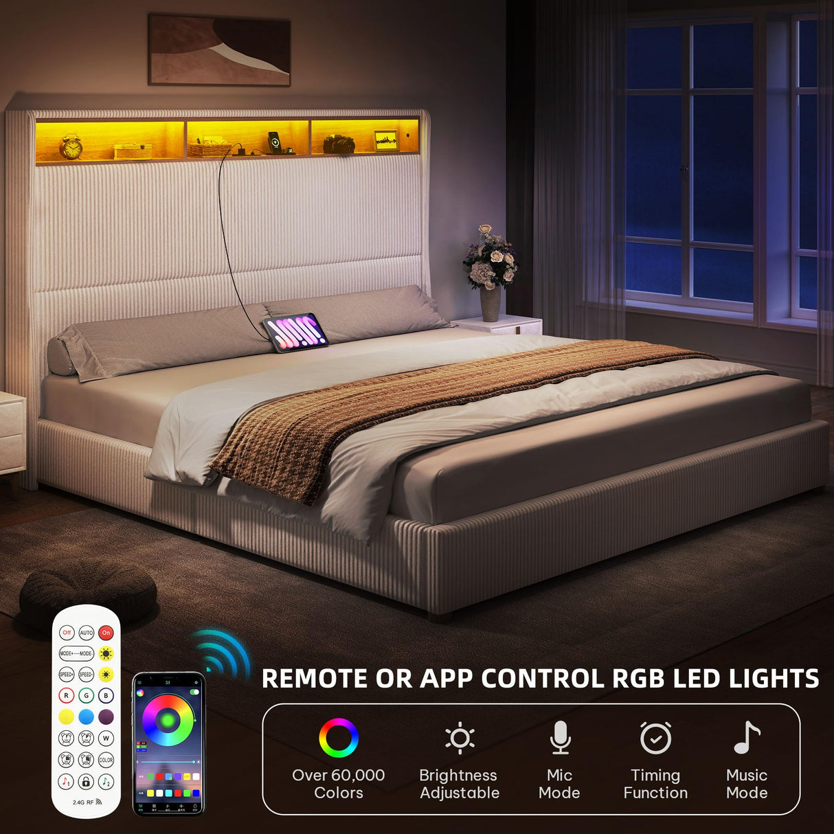 YITAHOME King Size Corduroy Upholstered Platform Bed Frame with Charging Station and RGB LED Lights, 53’’ Tall Storage Wingback Headboard, No Box Spring Needed, Easy Assembly, Noise-Free, White YITAHOME