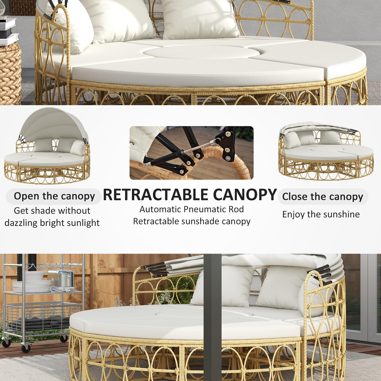 Outsunny Patio Furniture Set, Round Outdoor Daybed with Washable Couch Cushions, Hollow Wicker PE Rattan Sectional Sofa with Retractable Canopy for Pool, Lawn, Cream White Outsunny