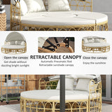 Outsunny Patio Furniture Set, Round Outdoor Daybed with Washable Couch Cushions, Hollow Wicker PE Rattan Sectional Sofa with Retractable Canopy for Pool, Lawn, Cream White Outsunny