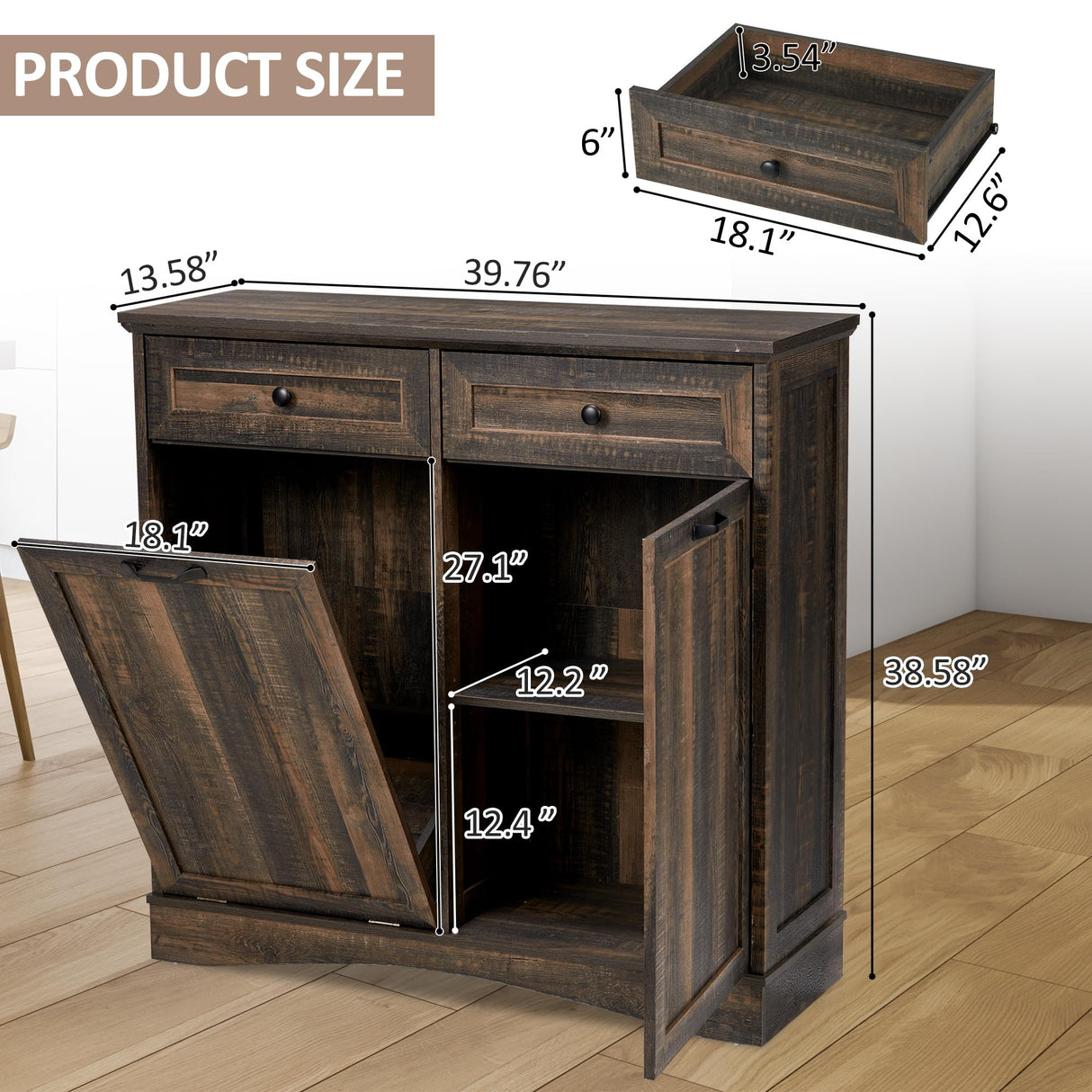 AHB 13 Gallons Tilt Out Trash Cabinet Freestanding Kitchen Trash Cabinet Hidden Garbage Recycling Cabinet with Hideaway Drawers Pet Proof Trash Can for Kitchen Dining Room Living Room, Rustic Brown AHB