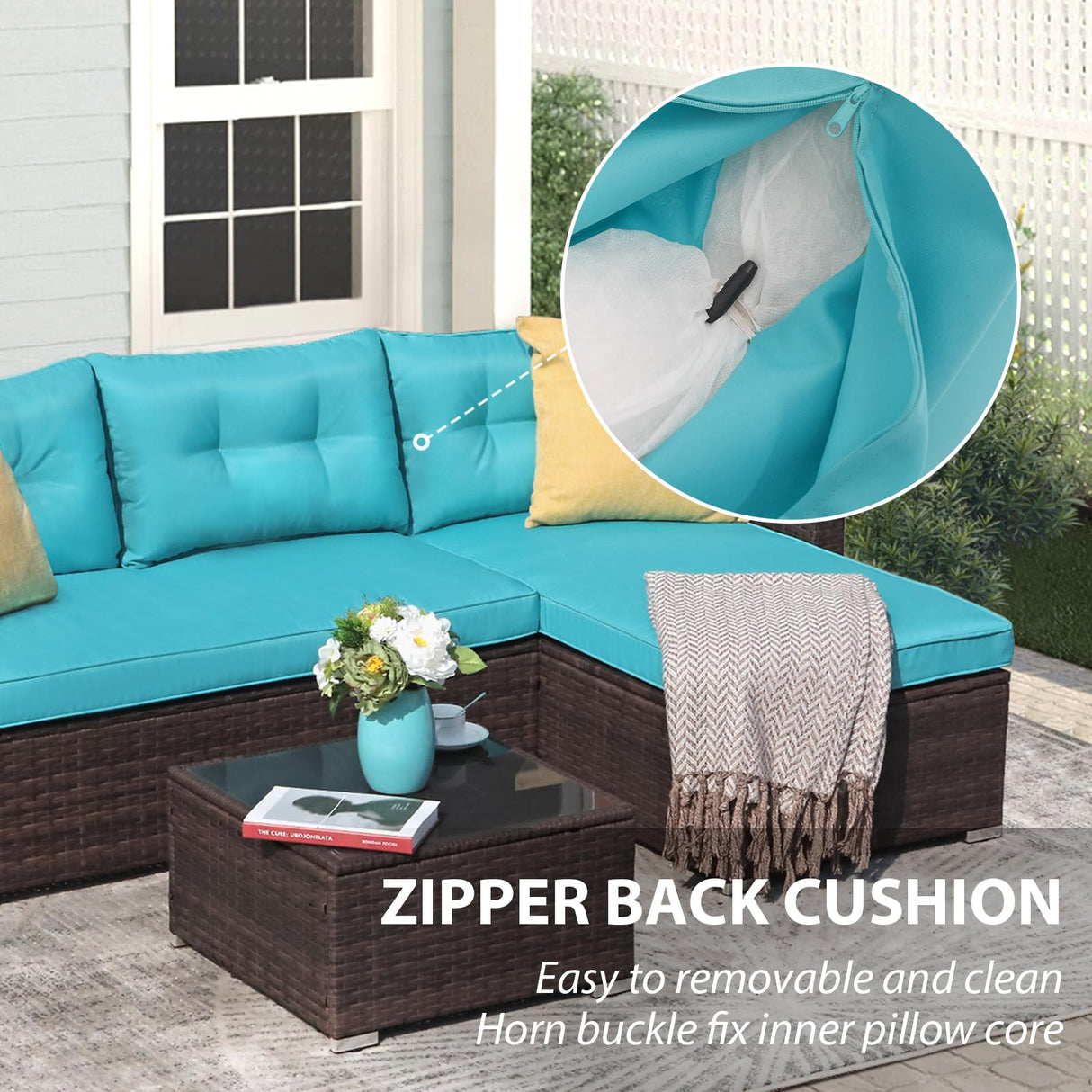 JOIVI Outdoor Wicker Sectional Furniture Set, 3 Piece Patio Furniture with Tempered Glass Coffee Table, Turquoise JOIVI