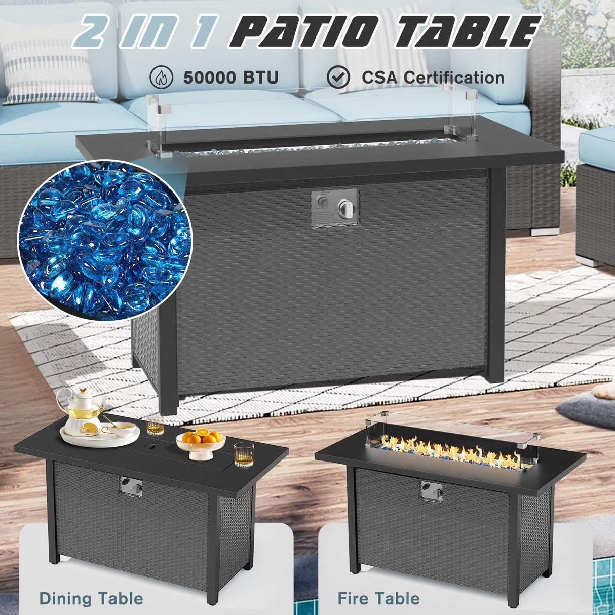 SUNCROWN Outdoor Patio Furniture Set 8 Piece Outdoor Sectional Sofa Grey Wicker Conversation Sofa Set with Coffee Table, Cushions and Fire Pit Table, Light Blue SUNCROWN