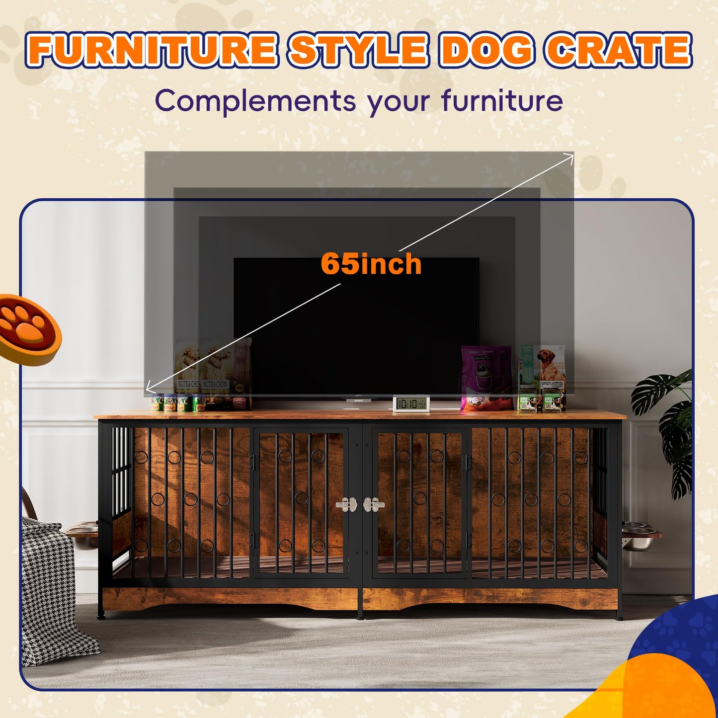 75'' Dog Crate Furniture Large Storage TV Stand with Dual Cushion / 4 Bowls/Double Rooms, Wooden Dog Kennel Dog Crate End Table with Removable Divider for Large Medium Dogs, Rustic Brown