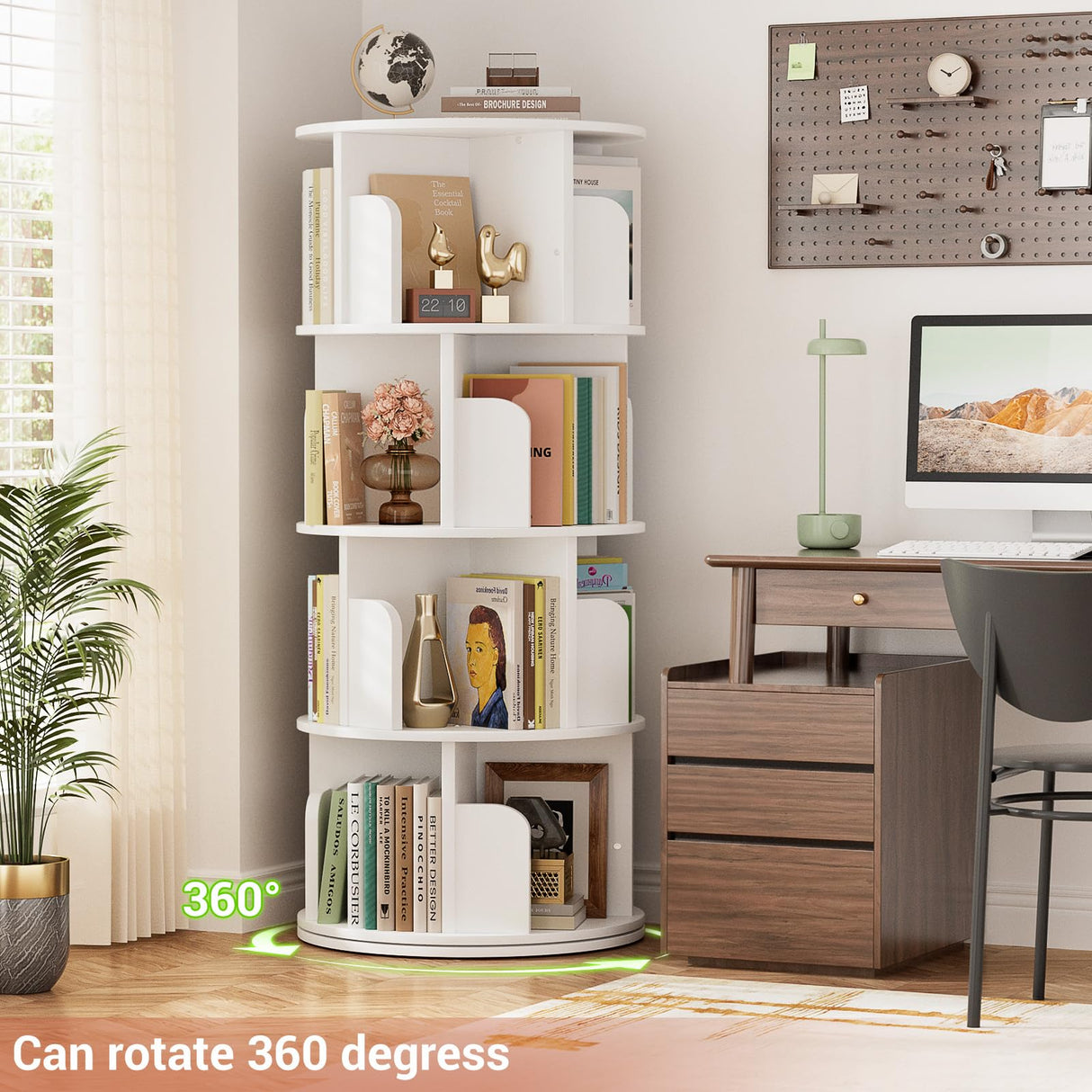 Besiost Rotating Bookshelf, Wood Corner Bookshelf, 360 Display Spinning Bookcase Storage Rack, 4 Tier Floor Standing Revolving Bookcase Narrow Book Shelf Organizer for Small Space, Bedroom, White Besiost