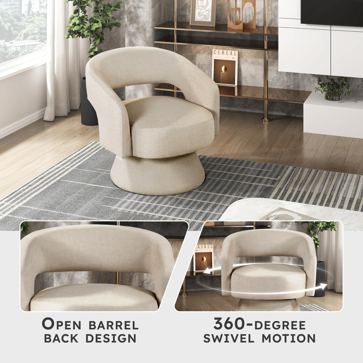 Lexicon 360 Degree Swivel Accent Chair, Modern Comfy Velvet Round Barrel Chair, Open Back, Plush Foam Cushions, Metal Swivel Base for Living Room/Bedroom/Office, Taupe Lexicon