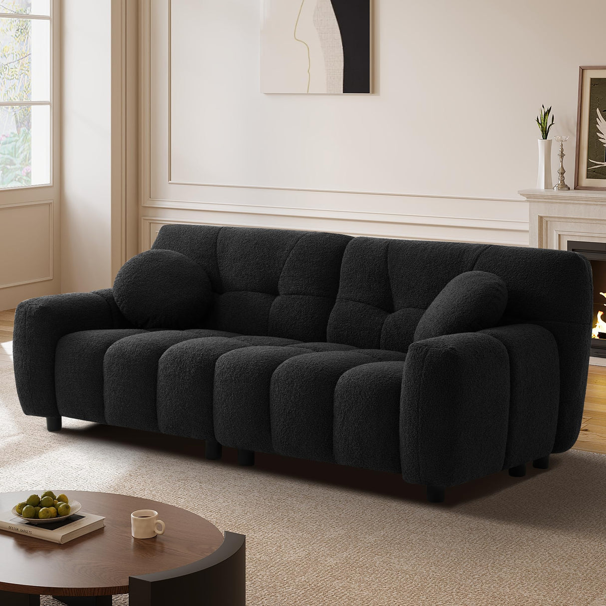 72.8" Boucle Cloud Sofa Couch with 2 Soft Pillows,Comfy Upholstered Teddy 2 Seater LoveSeat Sofa,Modern Deep Seat Sherpa Cloud Couch, Oversized Love Seat for Living Room Bedroom Apartment,Black DAMAIFROM