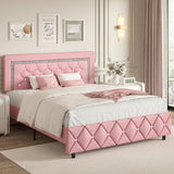 Queen Bed Frame with Headboard, Faux Leather Upholstered Bed with Diamond Tufted Design, Modern Platform Bed Frame, No Box Spring Required, Easy Assembly, Pink BarnFurin