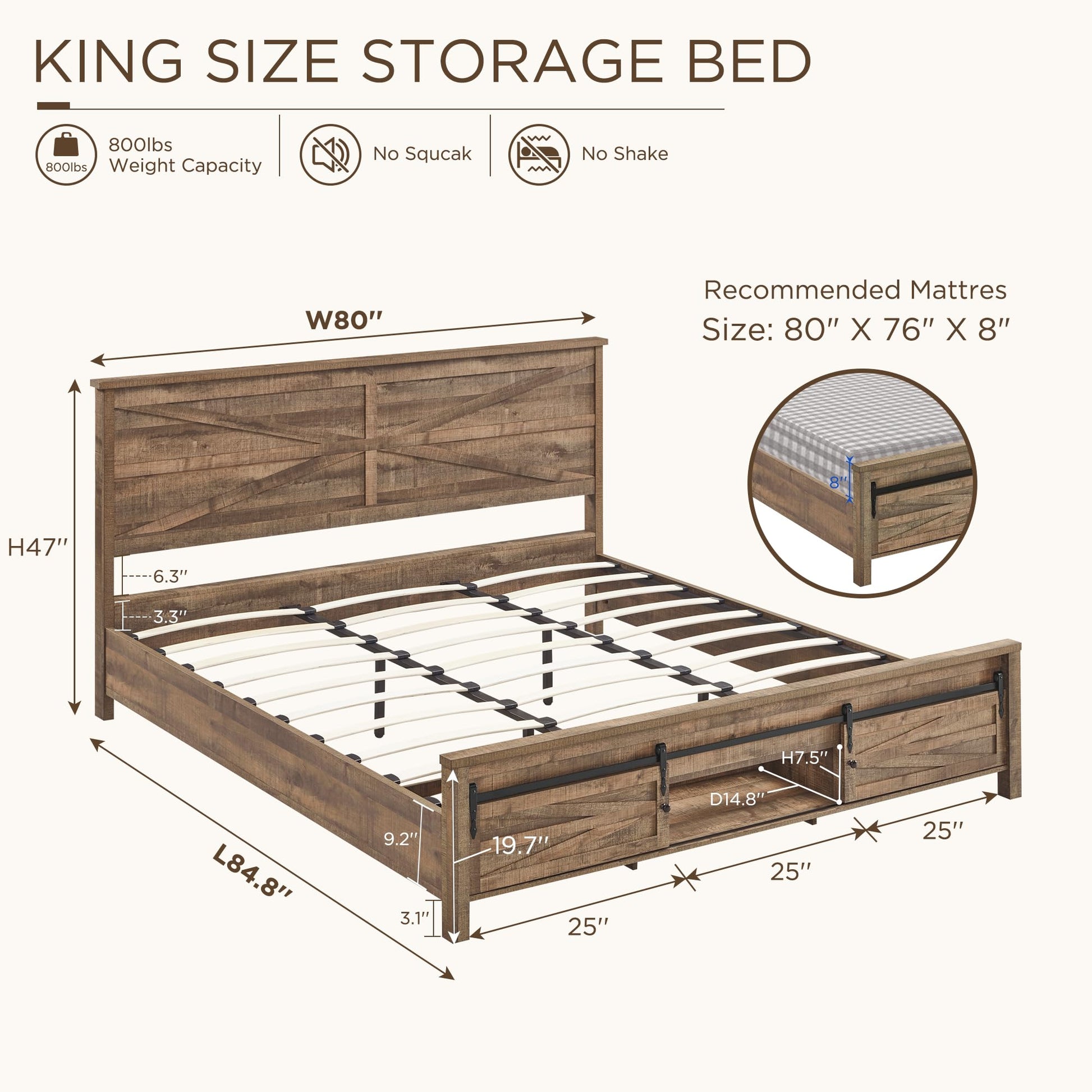 King Farmhouse Wood Bed Frame with Sliding Barn Door Storage - JXQTLINGMU - WoodArtSupply