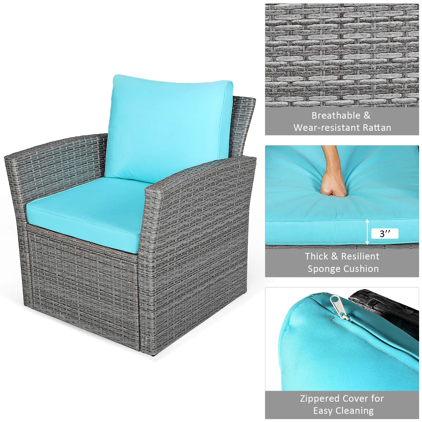 COSTWAY 4 Pieces Patio Rattan Furniture Set, Outdoor Wicker Sofa Set with Tempered Glass Coffee Table, Cushions, All Weather Rattan Conversation Set for Yard Balcony Backyard Pool, Turquoise