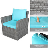COSTWAY 4 Pieces Patio Rattan Furniture Set, Outdoor Wicker Sofa Set with Tempered Glass Coffee Table, Cushions, All Weather Rattan Conversation Set for Yard Balcony Backyard Pool, Turquoise COSTWAY