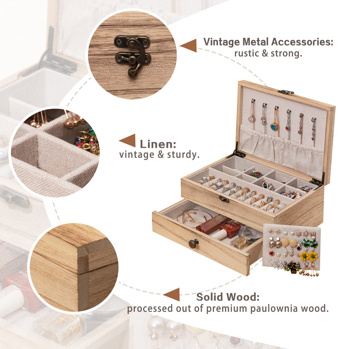 Tektalk Jewelry Box for Women Girls Jewelry Organizer Farmhouse Style Jewellery Holder for Necklace Earrings Rings Bracelets - Light Brown Tektalk