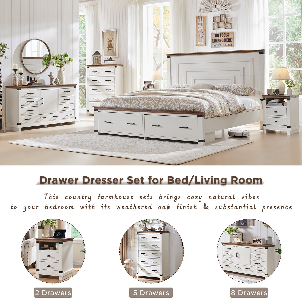 Farmhouse 7 Drawers Dresser for Bedroom, Wood Large Chest of Drawers with Thick Plank Styling, Rustic Closet Dresser for Bedroom, Living Room, Antique White Color RedLemon