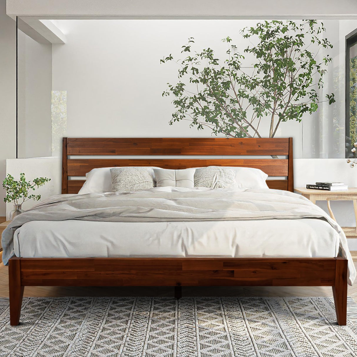 Acacia Emery Bed Frame with Headboard Solid Wood Platform Bed, King Size Bed Frame, Mid - Century Modern Wood Bed Compatible with All Mattresses, Easy Assembly, Non-Slip, Chocolate. A ACACIA FURNITURE