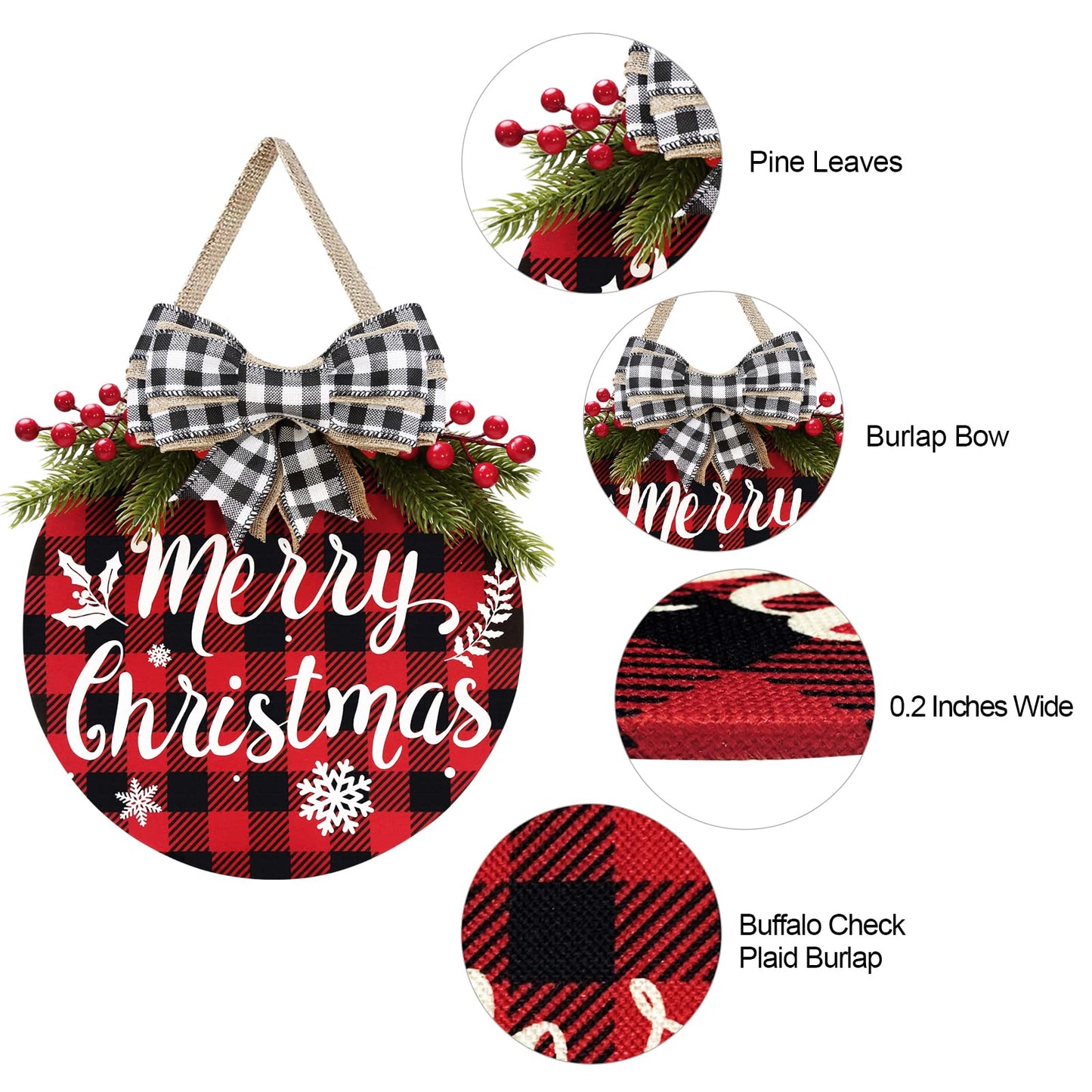 Christmas Decorations - Buffalo Plaid Xmas Wreath - Winter Wreaths Merry Christmas Sign for Holiday Rustic Farmhouse Front Door Porch Wall Window Outside Decorations