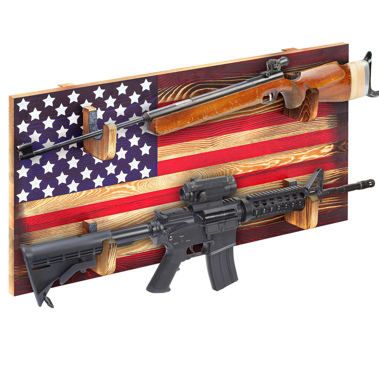 Colingmill Wall Mount Gun Rack Indoor Gun Rack for 2 Guns Wooden Gun Display Rack Wood Gun Storage Shelf with Flag Background Guns Wall Holder for Guns, Bows and Arrows Colingmill