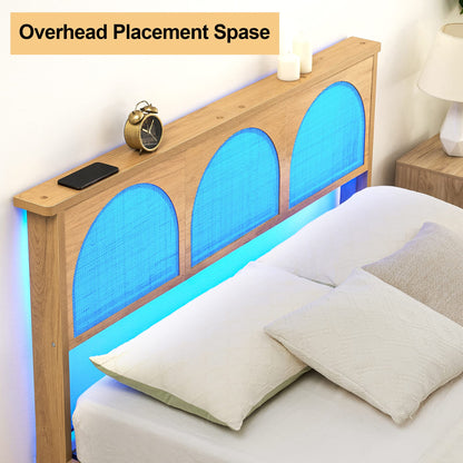 Queen Size Platform Bed Frame with Natural Rattan Headboard and RGB LED Lights - WoodArtSupply