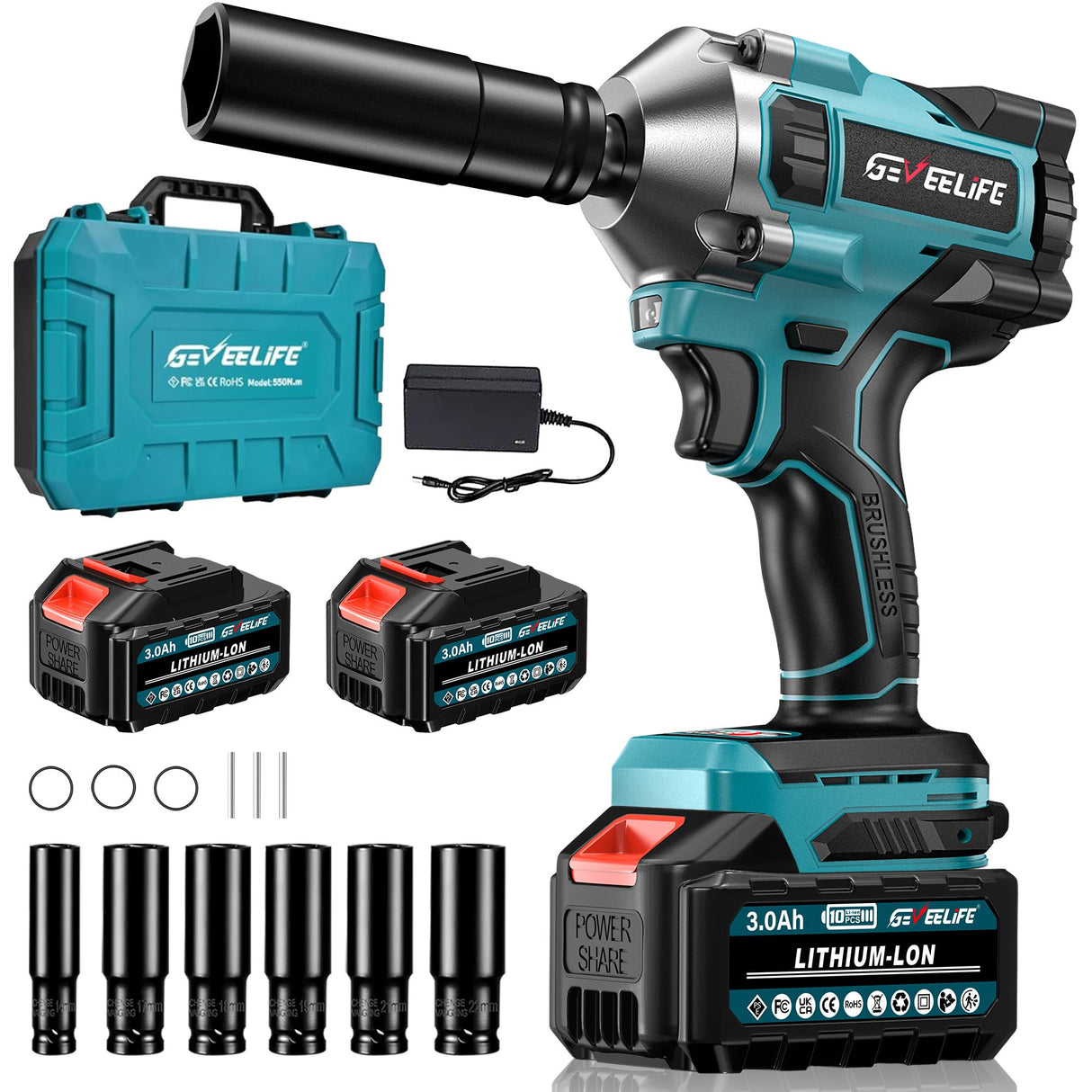 GEVEELIFE 550N.m/400Ft-lbs Brushless Impact Wrench,1/2" Cordless Impact Gun w/ 2x3.0Ah Battery & 6 Sockets, 2450RPM Power Electric Impact Driver for Car/DIY Furniture/Lawn Mower, Blue Toolbox GEVEELIFE