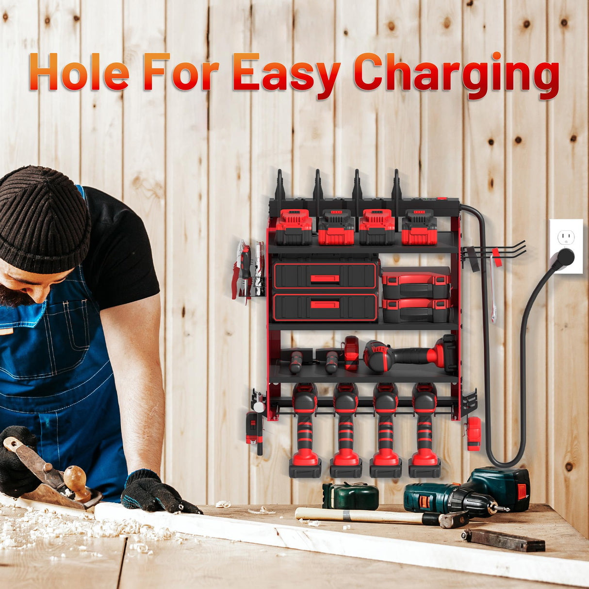 Power Tool Organizer Wall Mount with Charging Station, Garage 4 Drill Storage Shelf with Cordless Tool Holder, Heavy Duty Rack with 8 Outlet Power Strips and Hooks, Gift for Men, Husband (4 Layer) OKCHILD
