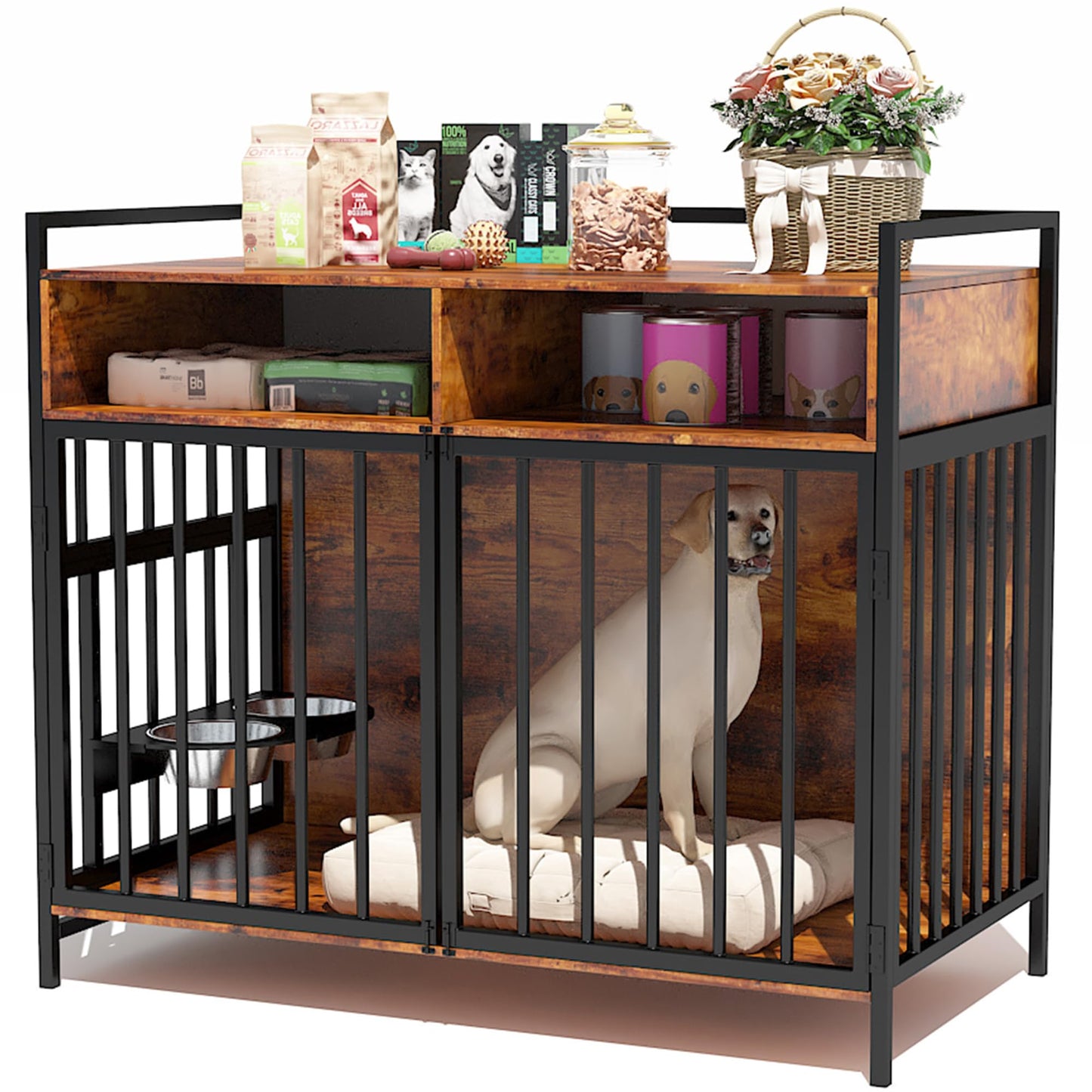 WAYTRIM Large Dog Crate Furniture 42 Inch Dog Crate for XXL/XL up to 80 lb Dogs, 360° & Adjustable Raised Feeder Heavy Duty Dog Crate with Drawers Storage Furniture Indoor, Brown