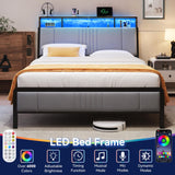 Queen Size Bed Frame with Ergonomic Storage Headboard, Solid Metal Platform Bed Frame with Charging Station and LED Light, Easy Assembly, No Box Spring Needed, Noise Free, Modern Grey Susalt