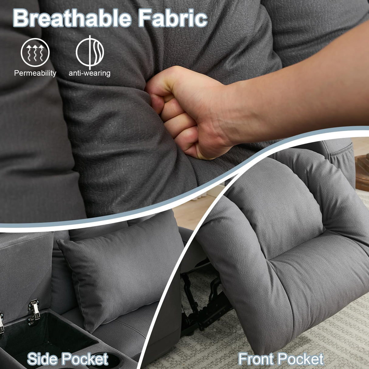 SAMERY 65.5" RV Loveseat Recliner Double Recliner RV Sofa & Console | Wall Hugger Loveseat Reclining RV | RV Theater Seats | RV Couch | RV Home Theater Seating Furniture (Fabric Gray) SAMERY