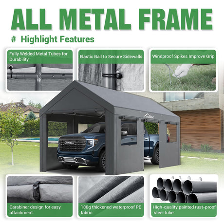 Acepic Carport 10x20ft Heavy Duty Carport Features Roll-up Windows & Doors, Portable Garage with UV Resistant Waterproof All-Season Tarp for Car Acepic