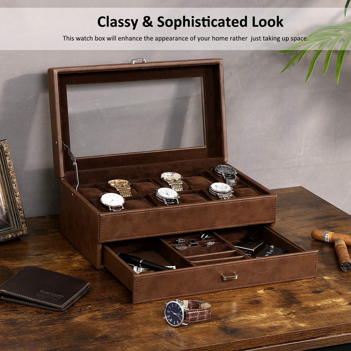 BEWISHOME Watch Box for Men Luxury Watch Organizer Faux Leather Watch Case with Jewelry Drawer, Real Glass Top, Metal Hinge, Brown SSH12Z BEWISHOME