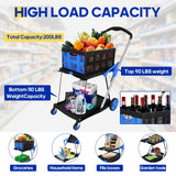 Multifunctional Folding Cart with Wheels,Two Layers Collapsible Utility Cart for Groceries,Office,Warehouse,Supermarket, Double Layer Foldable Shopping Cart(Blue),Collapsible Handcart Heavy Duty FAHKNS