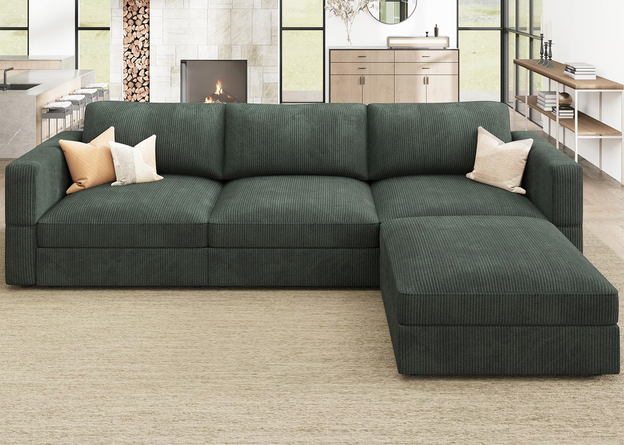 HONBAY Modular Sectional Couch with Storage Corduroy L Shaped Sectional Couches for Living Room,Green HONBAY