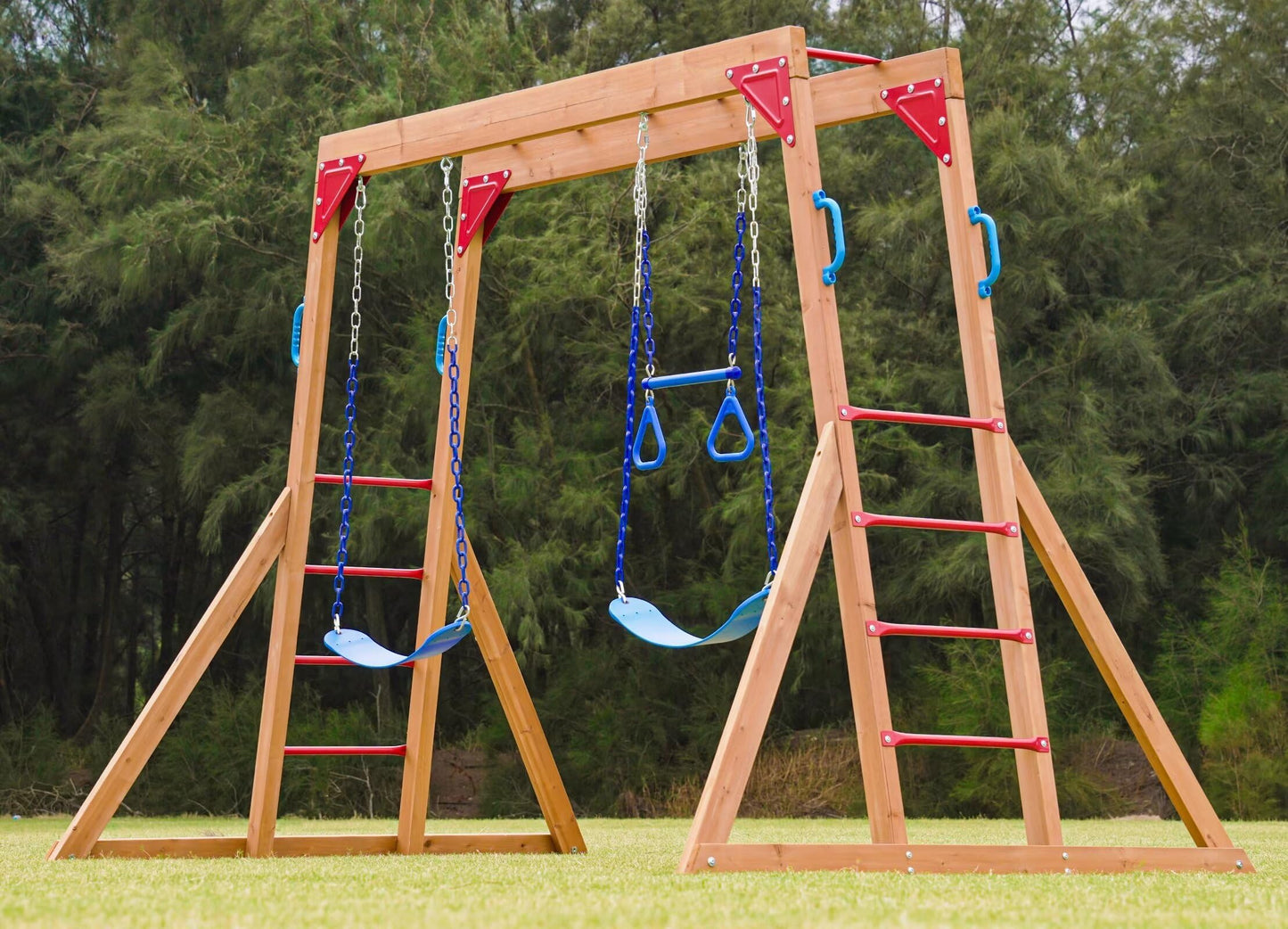 Dolphin Playground Wooden Swing Sets for Backyard with Monkey Bar, Outdoor Playset for Kids with Trapeze Swing Bar and 2 Belt Swings, Kids Outdoor Play Equipment, Heavy Duty Playground Accessories