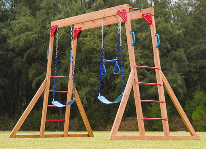 Dolphin Playground Wooden Swing Sets for Backyard with Monkey Bar, Outdoor Playset for Kids with Trapeze Swing Bar and 2 Belt Swings, Kids Outdoor Play Equipment, Heavy Duty Playground Accessories